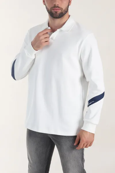 Beyaz Polo Yaka Erkek Sweatshirt 406885