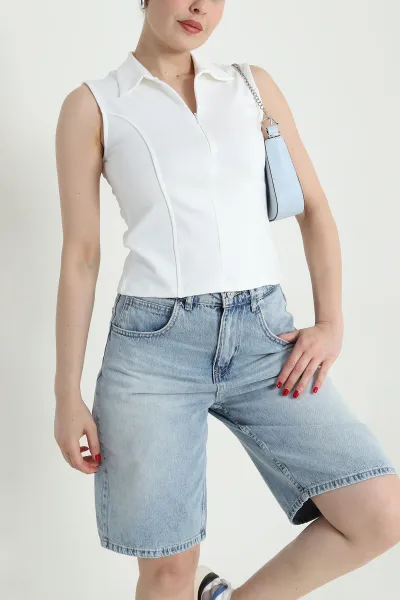 Beyaz Polo Yaka Fermuarlı Kadın Body Bluz 467087