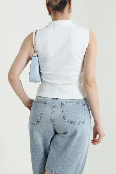 Beyaz Polo Yaka Fermuarlı Kadın Body Bluz 467087