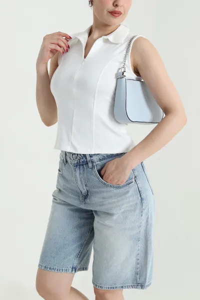 Beyaz Polo Yaka Fermuarlı Kadın Body Bluz 467087