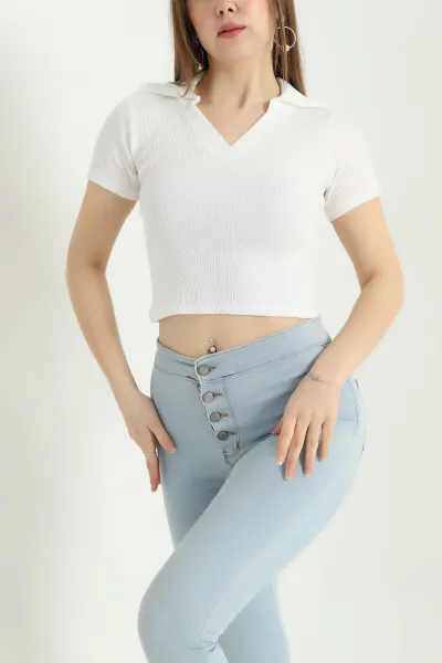 Beyaz Polo Yaka Fitilli Bluz 338292