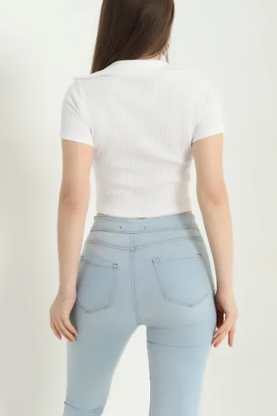 Beyaz Polo Yaka Fitilli Bluz 338292