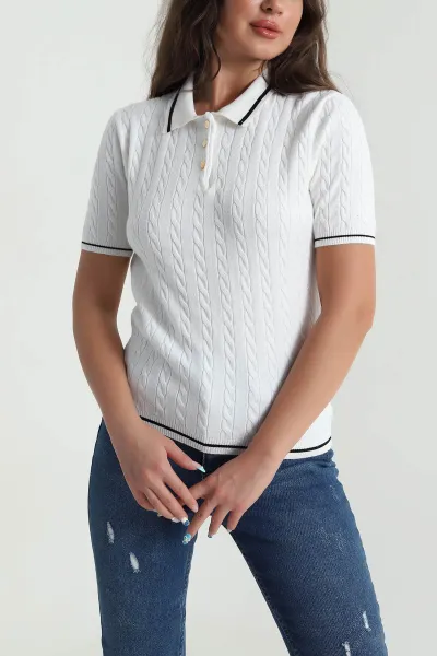 Beyaz Polo Yaka Kadın Triko Bluz 484254