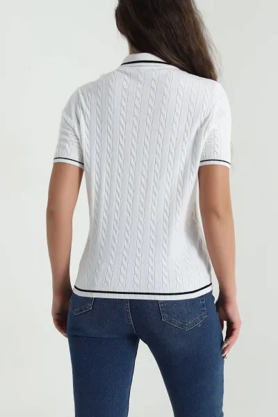 Beyaz Polo Yaka Kadın Triko Bluz 484254