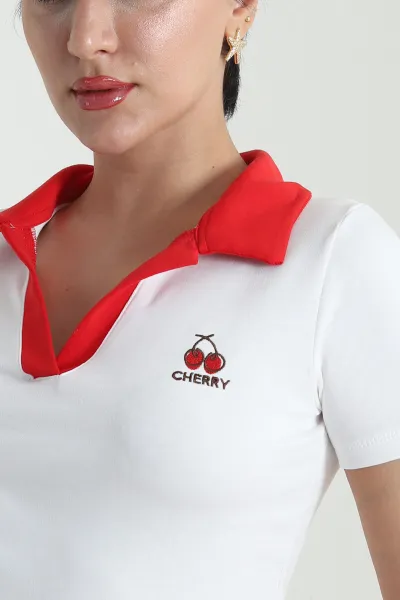 Beyaz Polo Yaka Kompak Kadın Tişört 475340