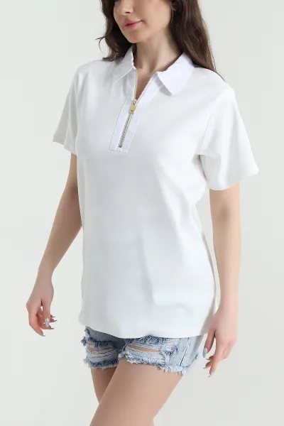 Beyaz Polo Yaka Kristal Kadın Bluz 449064
