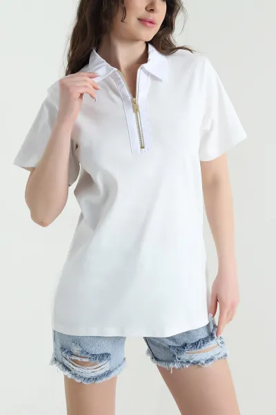 Beyaz Polo Yaka Kristal Kadın Bluz 449064