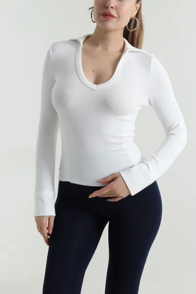 Beyaz Polo Yaka Likralı Buzzy Kadın Bluz 496462