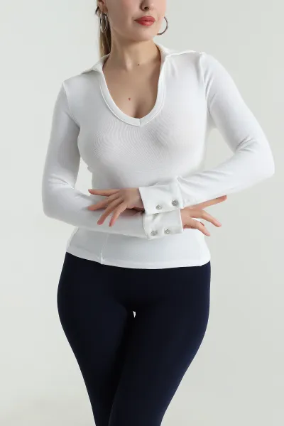 Beyaz Polo Yaka Likralı Buzzy Kadın Bluz 496462