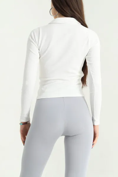 Beyaz Polo Yaka Ottoman Bayan Sweat 337869