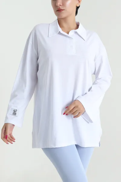 Beyaz Polo Yaka Salaş Uzun Kol Kadın Tunik 477261