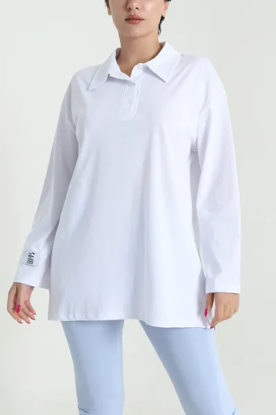 Beyaz Polo Yaka Salaş Uzun Kol Kadın Tunik 477261