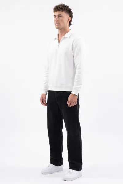 Beyaz Polo Yaka Yarım Fermuarlı Erkek Sweatshirt 499391
