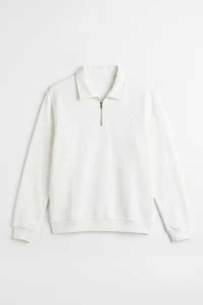 Beyaz Polo Yaka Yarım Fermuarlı Erkek Sweatshirt 499391