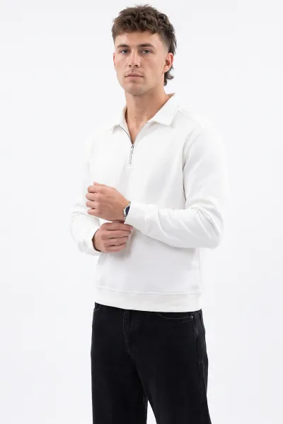Beyaz Polo Yaka Yarım Fermuarlı Erkek Sweatshirt 499391