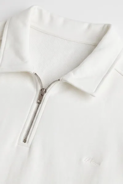 Beyaz Polo Yaka Yarım Fermuarlı Erkek Sweatshirt 499391