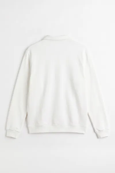 Beyaz Polo Yaka Yarım Fermuarlı Erkek Sweatshirt 499391
