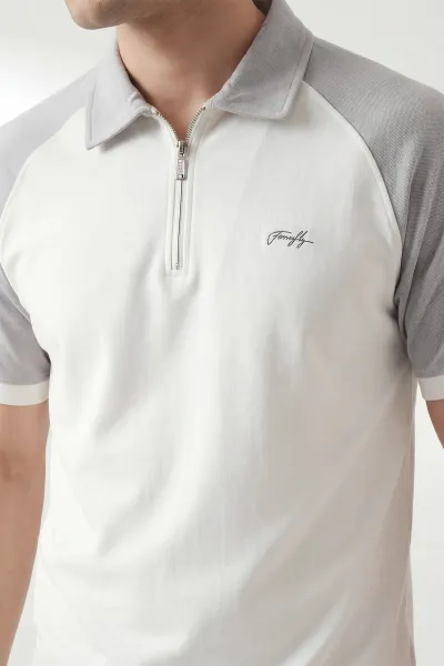 Beyaz Polo Yaka Yarım Fermuarlı Erkek Tişört 451990