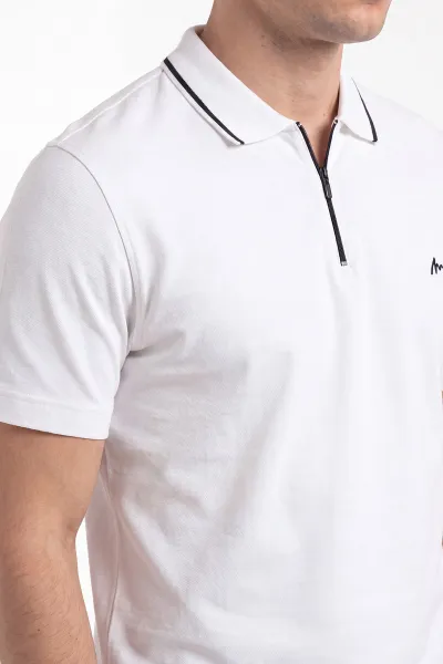 Beyaz Polo Yaka Yarım Fermuarlı Erkek Tişört 471705