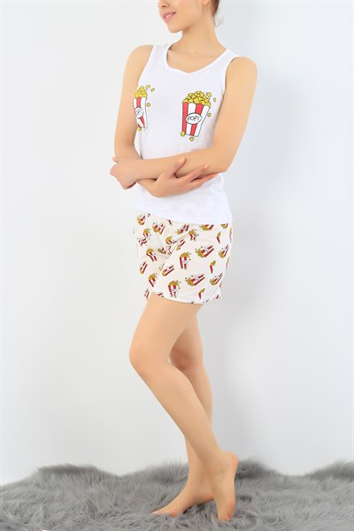 Beyaz Pop Corn Baskılı Pijama Takımı 32721