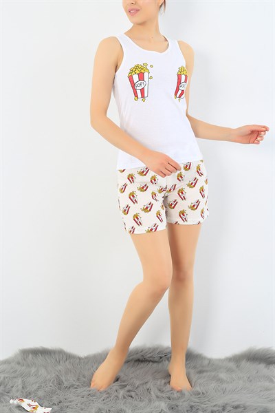 Beyaz Pop Corn Baskılı Pijama Takımı 32721