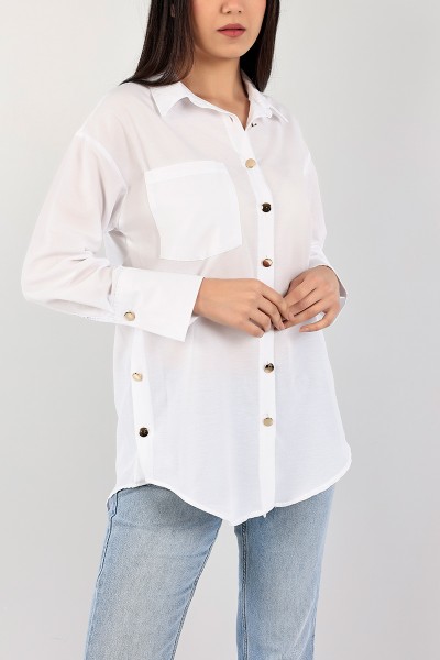Beyaz Poplin Dokuma Tasarım Gömlek Tunik 106330