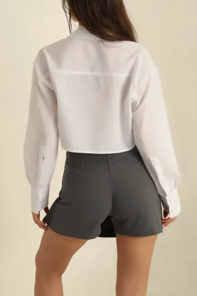 Beyaz Poplin Kumaş Bayan Crop Gömlek 261204