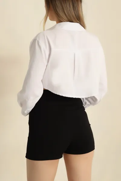 Beyaz Poplin Kumaş Cepli Crop Gömlek 255669