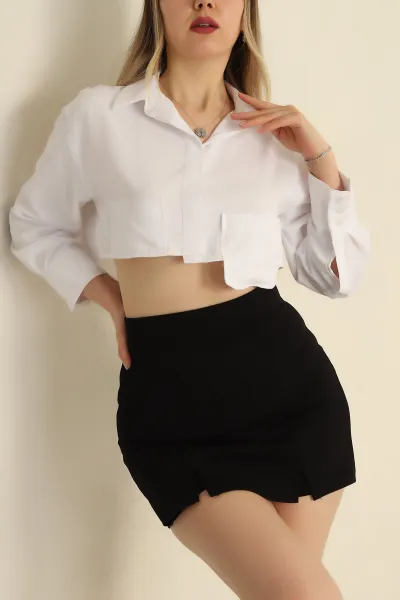 Beyaz Poplin Kumaş Cepli Crop Gömlek 255669