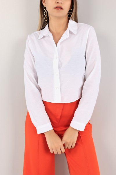 Beyaz Poplin Kumaş Crop Gömlek 118864