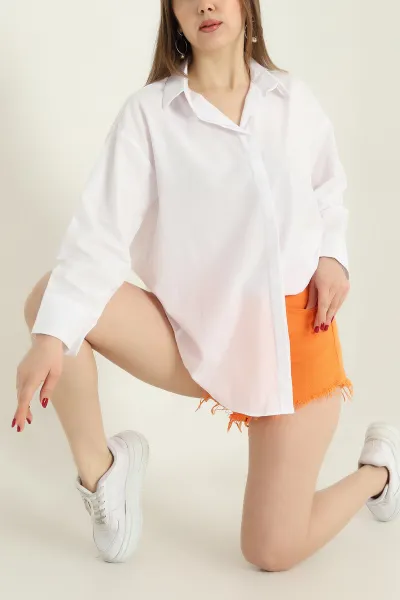 Beyaz Poplin Kumaş Gizli Pat Bayan Gömlek 336677