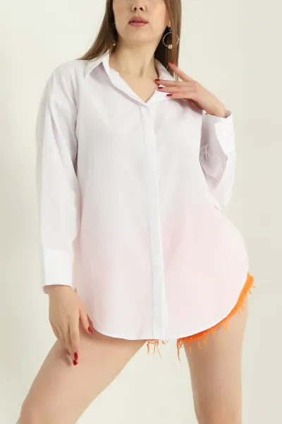 Beyaz Poplin Kumaş Gizli Pat Bayan Gömlek 336677