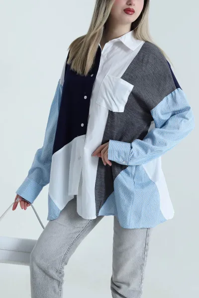Beyaz Poplin Triko Garnili Kadın Gömlek Tunik 489150