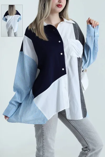 Beyaz Poplin Triko Garnili Kadın Gömlek Tunik 489150