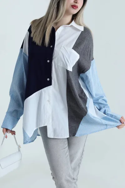 Beyaz Poplin Triko Garnili Kadın Gömlek Tunik 489150