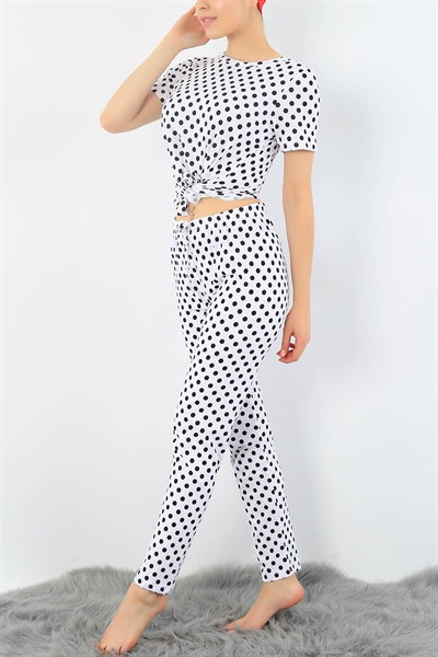 Beyaz Puantiyeli Bayan Pijama Takımı 32945