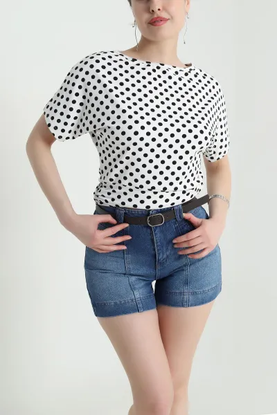 Beyaz Puantiyeli Büzgülü Modal Kadın Bluz 456118