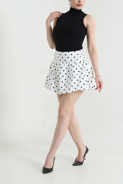 Beyaz Puantiyeli Fermuarlı Tencel Kadın Etek 461652