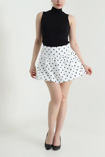 Beyaz Puantiyeli Fermuarlı Tencel Kadın Etek 461652