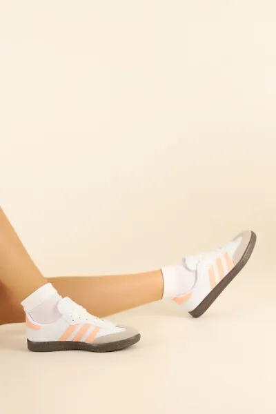 Beyaz Pudra Süet Detay Çizgili Bağcıklı Spor Ayakkabı 303417