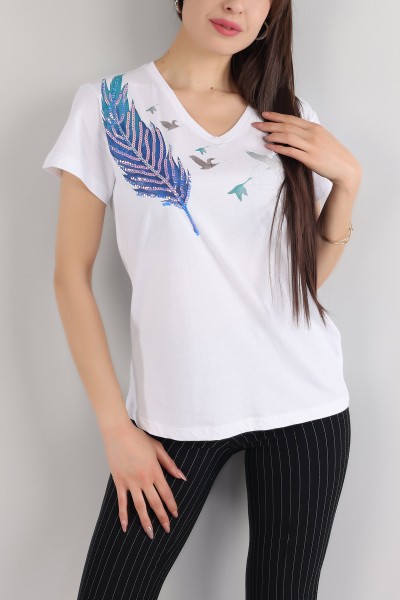 Beyaz Pul İşlemeli Tasarım Tişört 163200