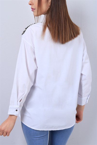 Beyaz Pul İşlemli Bayan Yazılı Gömlek 12846B