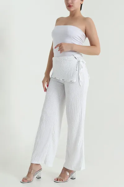 Beyaz Pul Nakışlı Gofre Kadın Pantolon 472993