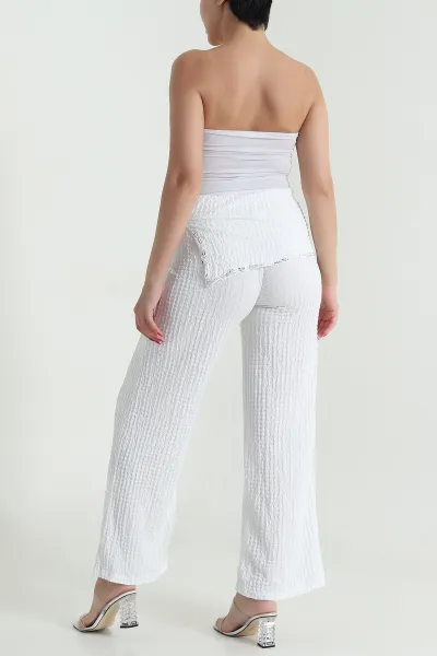 Beyaz Pul Nakışlı Gofre Kadın Pantolon 472993