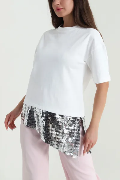 Beyaz Pul Payet Detay İnterlok Kadın Bluz 469281