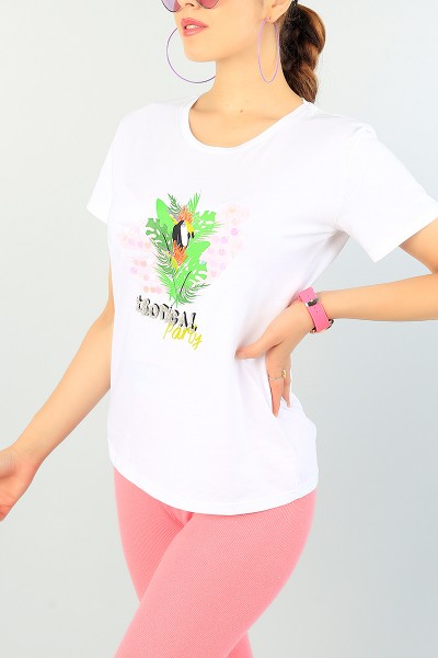 Beyaz Pul ve Taş İşlemeli Bayan Tişört 71756