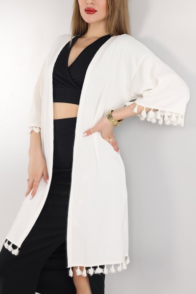 Beyaz Püskül Detay Seul Kimono Hırka 168593