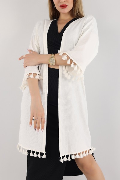 Beyaz Püskül Detay Seul Kimono Hırka 168593