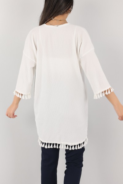 Beyaz Püskül Tasarım Krinkıl Kimono Hırka 150534