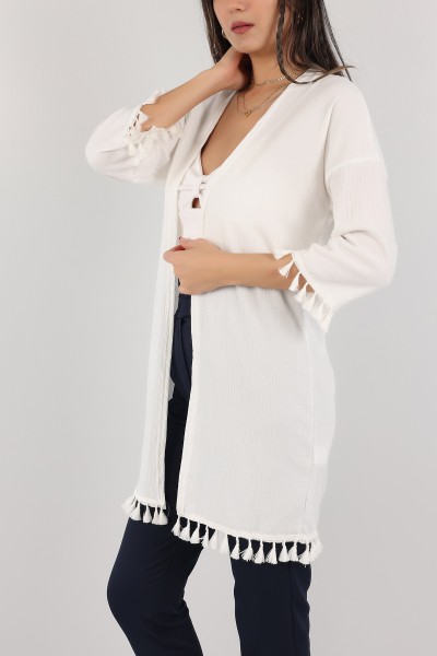 Beyaz Püskül Tasarım Krinkıl Kimono Hırka 150534